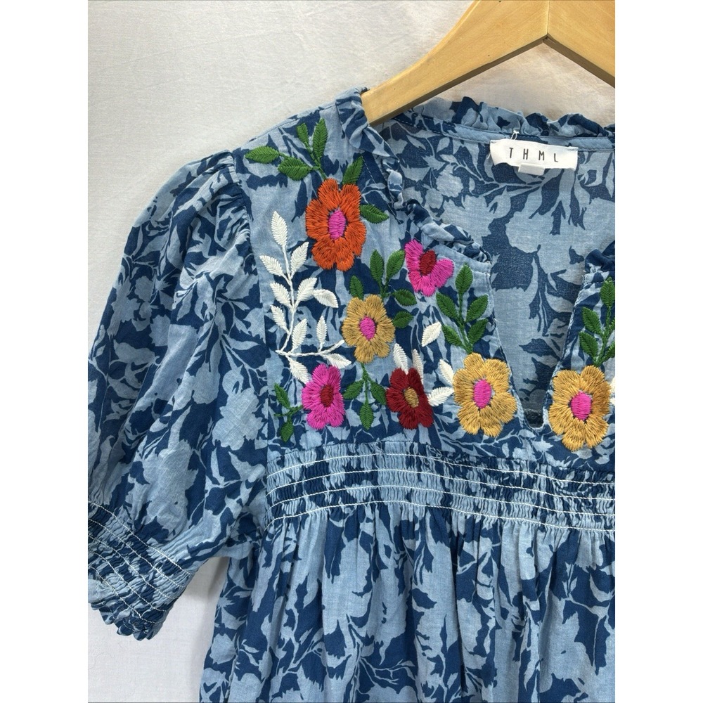 THML Embroidered V Neck Puff Sleeve Blouse Blue Floral Boho Lagenlook Size L - Picture 4 of 8